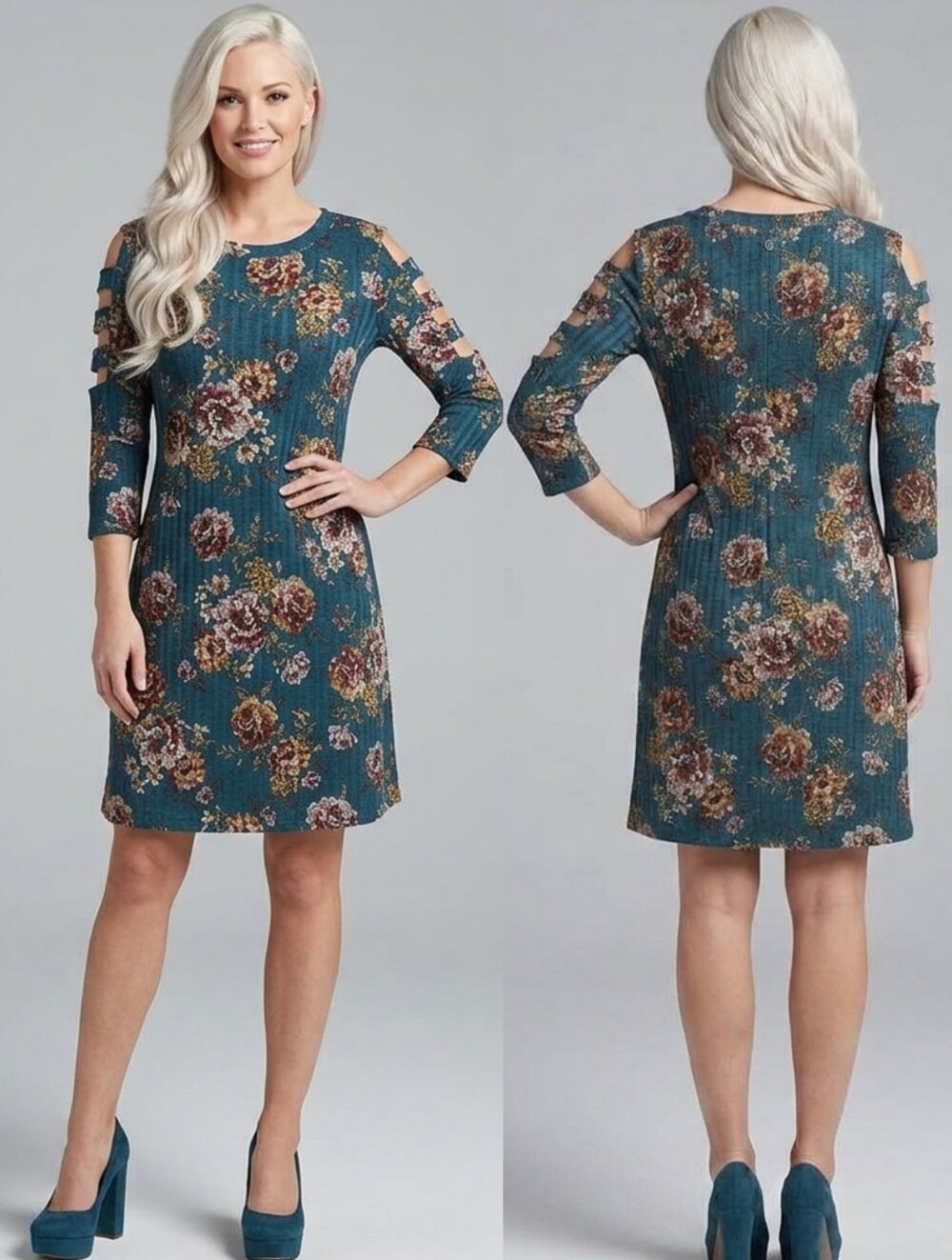 Apt 9 floral green blue lattice cut out 3/4 sleeves ribbed sweater dress XL NWOT